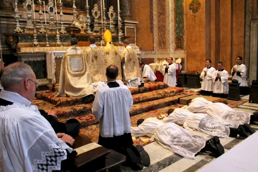 The prostration of the ordinandi during the Litany of the Saints at Santissima Trinità dei Pellegrini, the FSSP's parish in Rome, June 22, 2013.?w=200&h=150